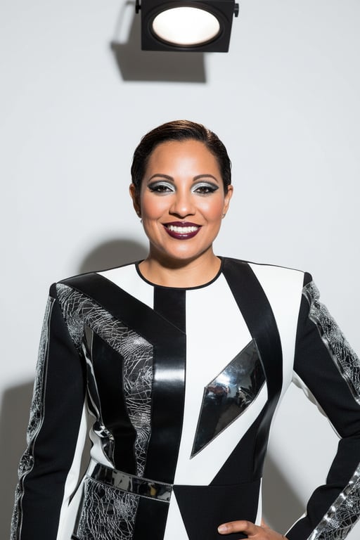 Black and white geometric outfit, bold metallic makeup, studio lighting with spotlight overhead.