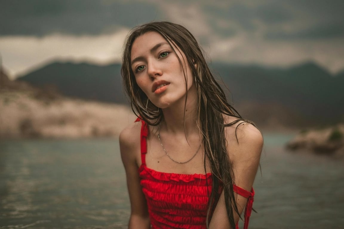 AI big eyes filter after photo - woman wearing red top after big eyes filter