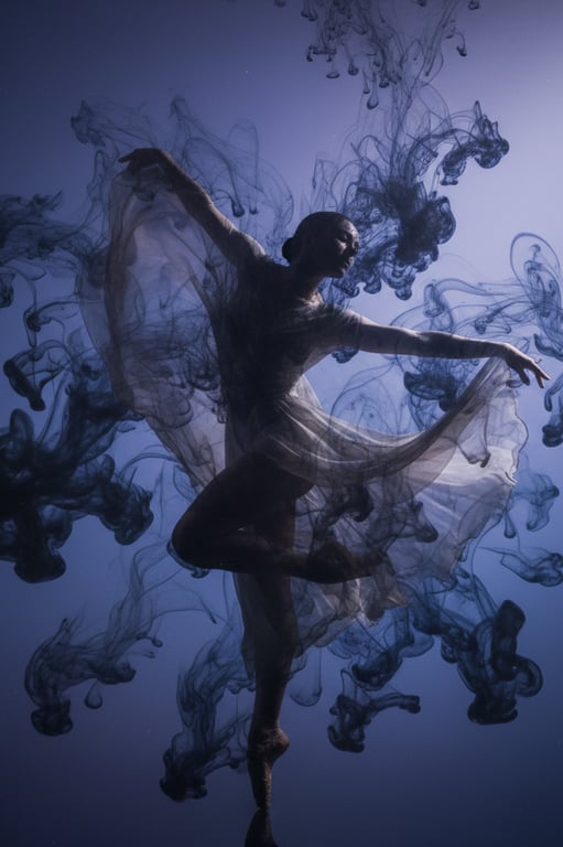 A double exposure image blending a dancer's moving figure with swirling ink in water, capturing both motion and fluidity in a harmonious blend.