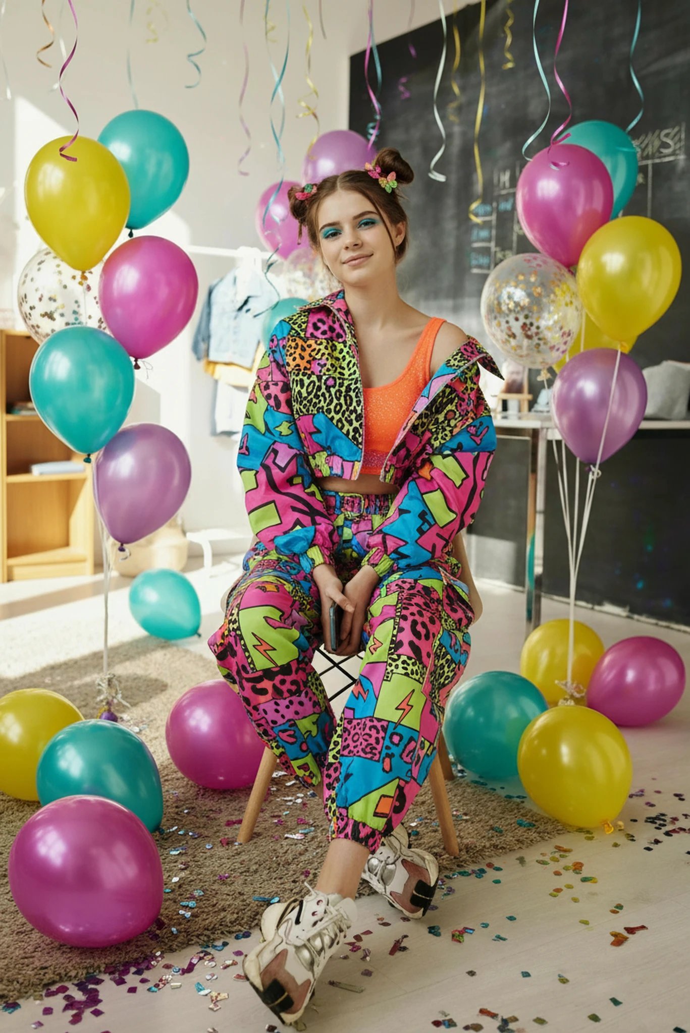 90s theme party clothes filter after transformation - portrait in bright 90s pop party clothes with playful decorations