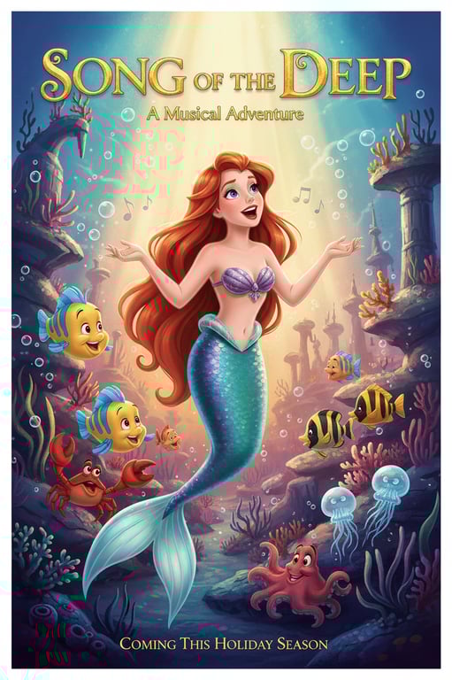 A poster for a musical film set under the sea, featuring a mermaid princess singing with aquatic creatures, in the style of Disney Renaissance with rich colors and flowing hair.