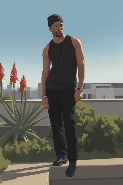 a portrait of a person rendered in an American pop art style featuring thick outlines, high-contrast colors, simplified facial features, flat graphic shading, bold color blocks, and unmistakable American pop culture energy