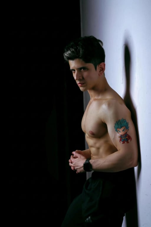 anime tattoo after photo - man standing against the wall with anime tattoo