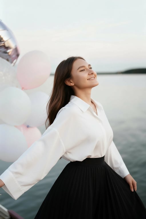 a portrait of a person wearing a Korean-inspired monochrome outfit with oversized shirt, ankle-length skirt, fluid fabric movement, restrained styling, relaxed elegance, soft ambient lighting