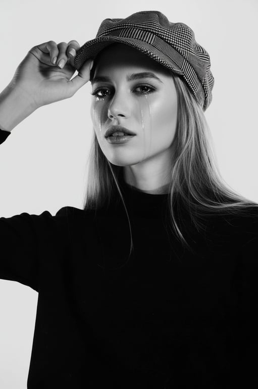 A black and white portrait with a crying effect, where the tears are the brightest part of the image, high contrast, timeless and emotional feel.