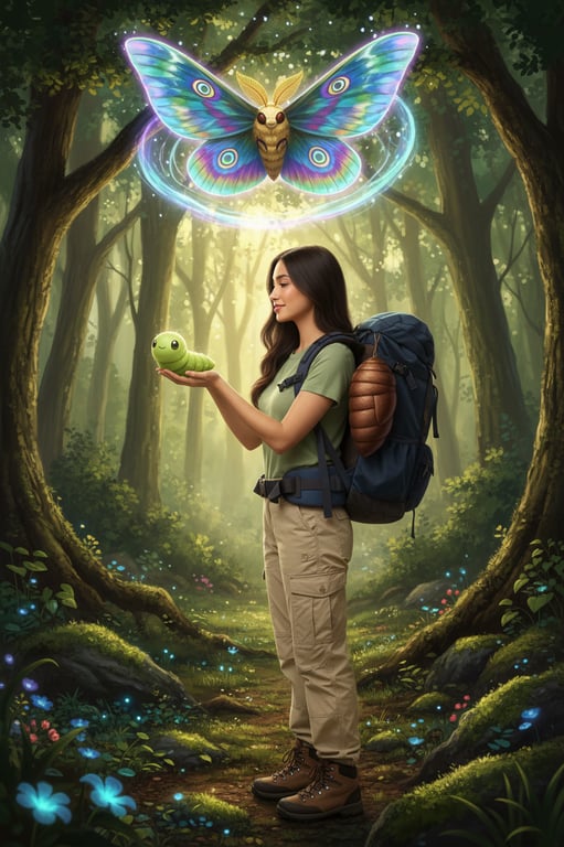 A cohesive bug-type evolution line displayed with their caring young trainer. The trainer is a girl gently holding the larva, the cocoon is attached to her backpack, and the majestic moth flies above her, its hypnotic wings creating a protective aura.