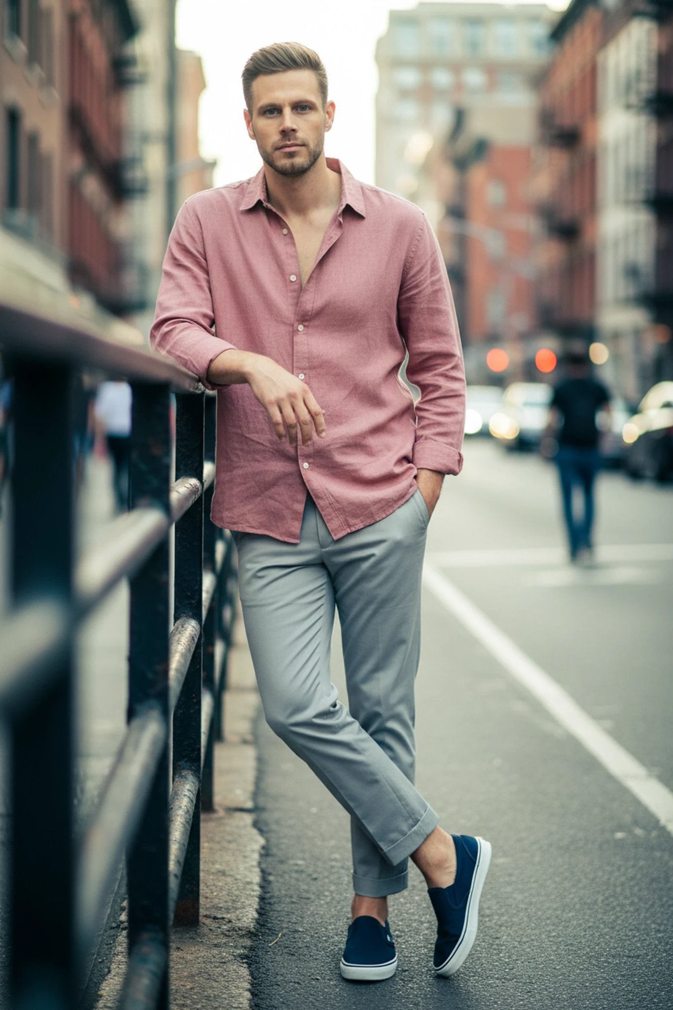 Chic Style filter after transformation - portrait in clean cropped trousers and shirt chic look on city street