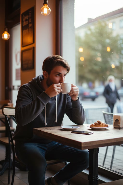 a man in casual wear (hoodie and jeans) drinking coffee in a cozy cafe, natural and relaxed pose, ambient lighting, candid street photography style.