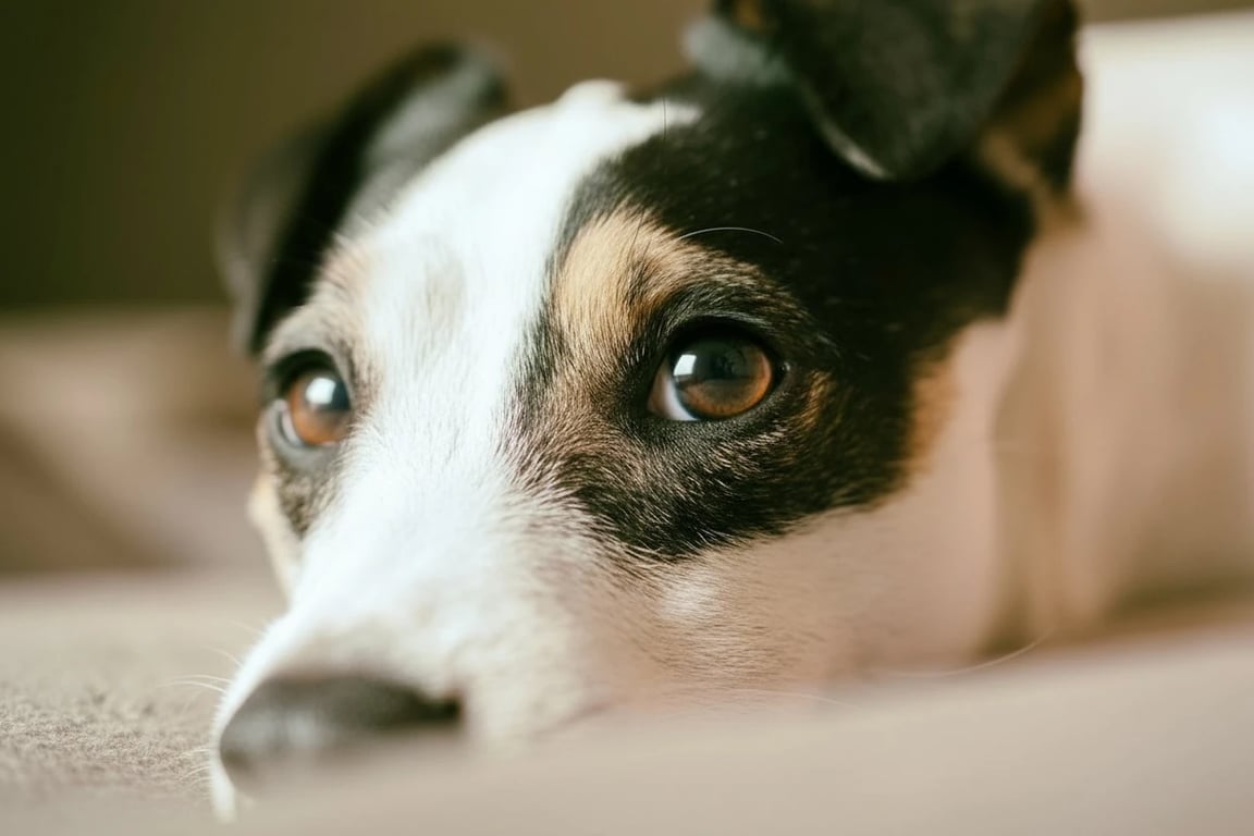 ai eye contact correction after photo - dog lying in the blanket corrected to look directly at the camera