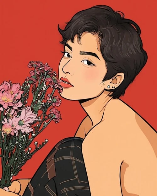 Photo to illustration after transformation - portrait rendered in cartoon-style illustration