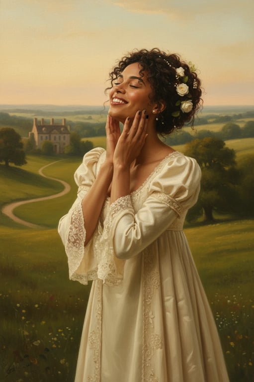 a portrait of a woman edited into a romantic period drama cinematic style, with soft diffused light, vintage costumes, and pastoral backdrop