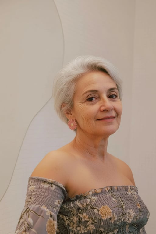 age ai generator after photo - woman smiling at the camera in her 70s