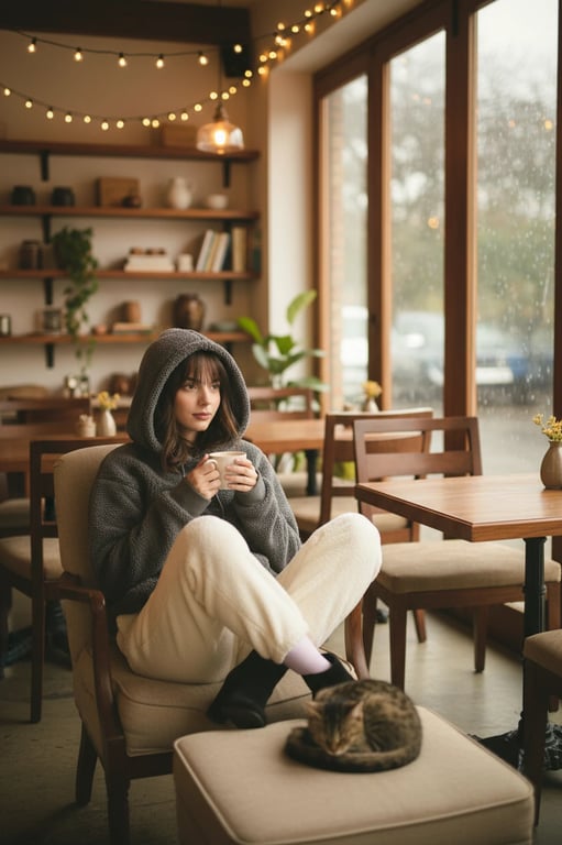 Cozy Outfits filter after transformation - portrait in an oversized knit cozy outfit with warm home ambience