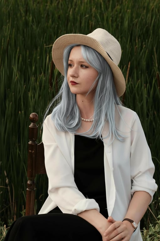 a portrait of a person edited to have metallic silver hair, balancing light gray and cool undertones, maintaining depth, realistic root shading, and smooth highlight transitions