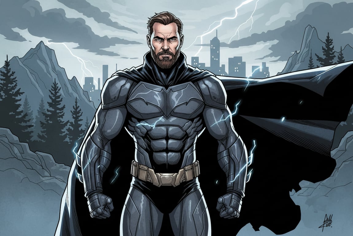 a portrait of a person illustrated as a DC comic book character emphasizing strong jawlines, defined facial planes, bold black inking, high-contrast lighting, and graphic novel aesthetics