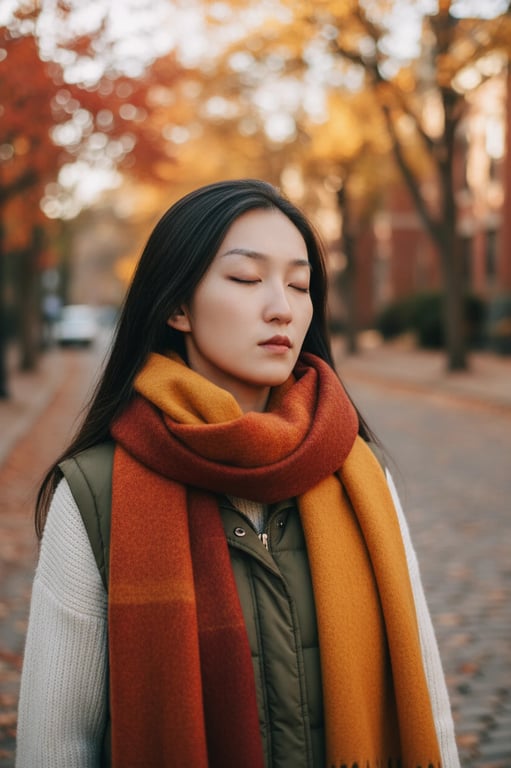 Cozy Outfits filter after transformation - portrait in a layered cozy outfit with autumn outdoor ambience