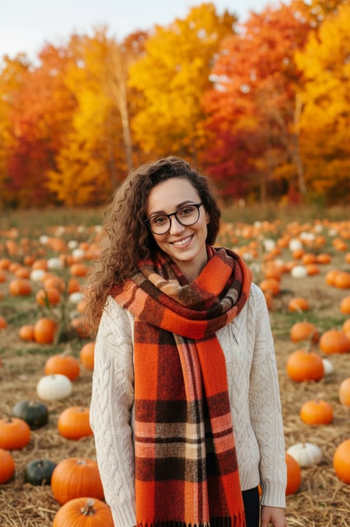 a portrait of a woman wearing a cozy plaid scarf and sweater, smiling at a pumpkin patch with colorful autumn trees