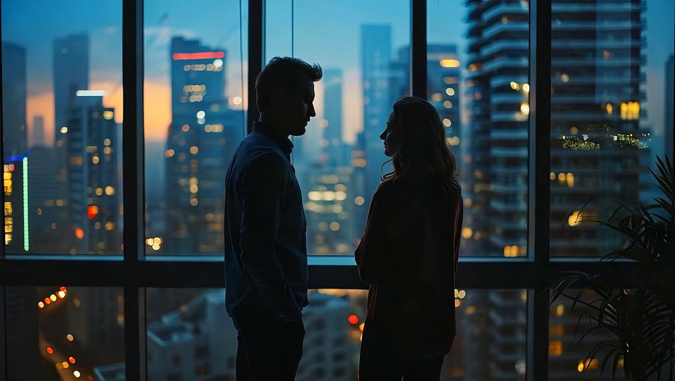 cinematic wide shot of a man and a woman standing face to face by floor-to-ceiling windows, modern high-rise apartment interior, dusk city skyline outside, soft blue hour light, silhouettes with subtle rim lighting, quiet emotional tension, minimal body movement, natural posture, cinematic composition, shallow depth of field, muted cool color palette, film still atmosphere, realistic photography style, high resolution