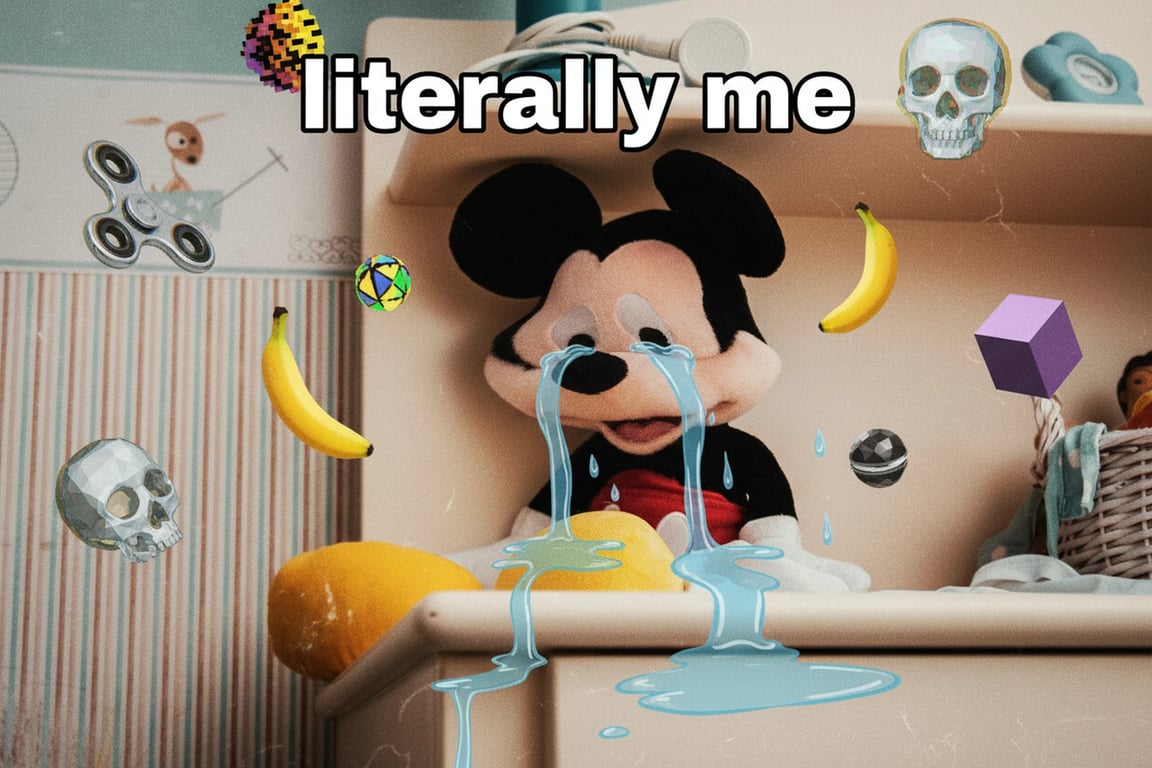 an image of a distorted cartoon character crying, with random 3D objects floating, impact font text saying \"literally me\", ironic deep-fried quality.