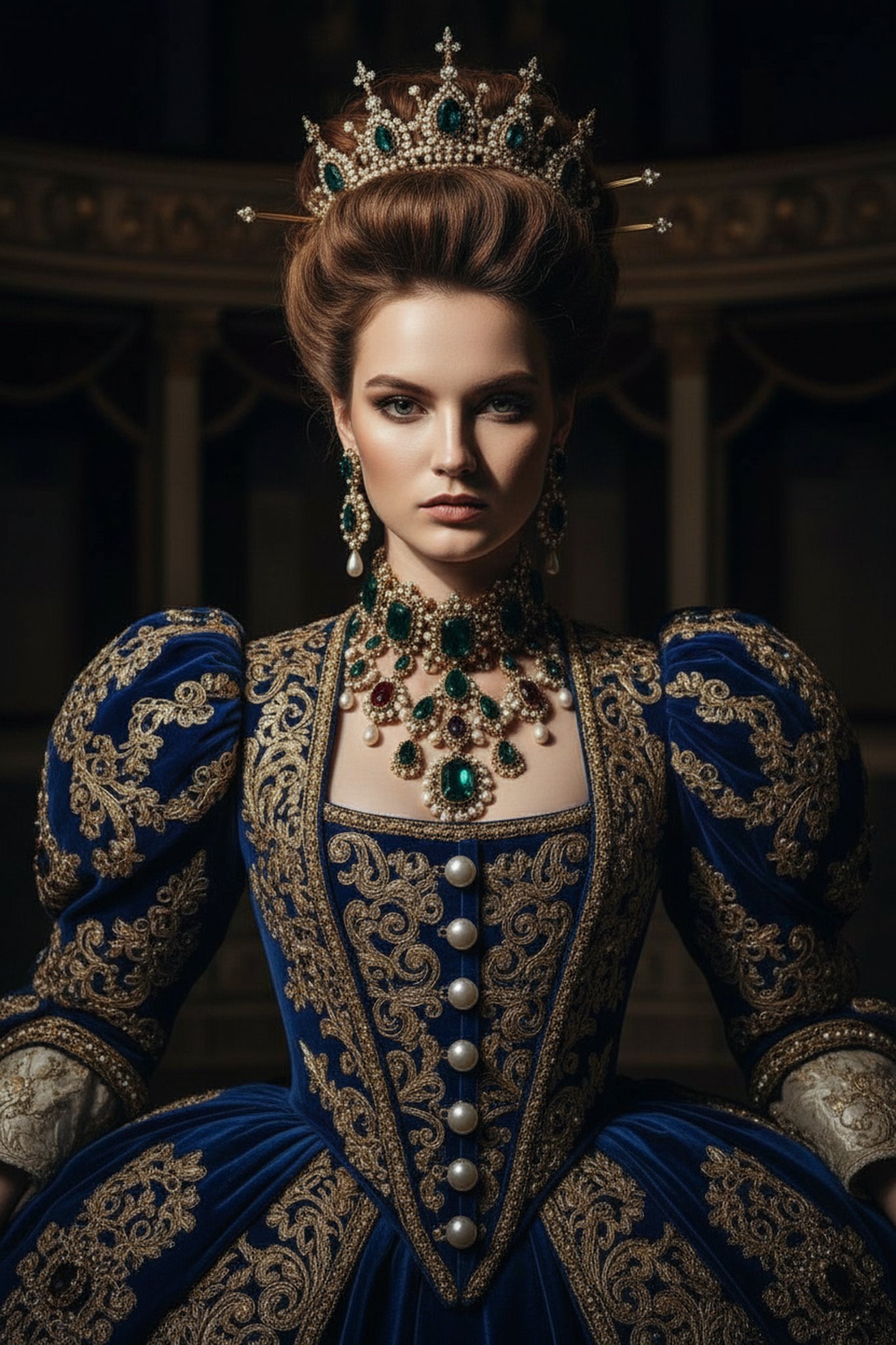 Ornate royal-style gown with gold embroidery, emerald jewelry, elaborate crown and dramatic lighting.