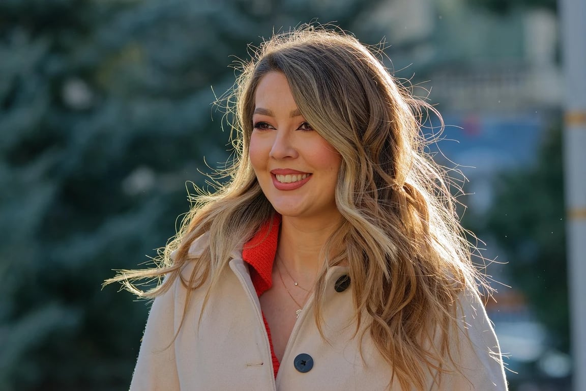 AI teeth whitening filter before photo - woman standing outdoors in golden light smiling