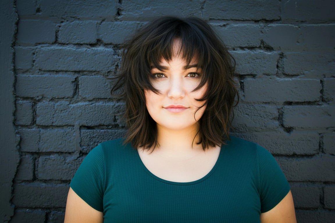 Wolf cut filter after pic – woman with voluminous wolf cut layers and wispy bangs