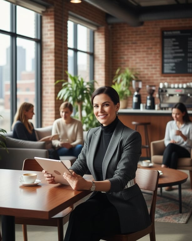 Office Siren Outfits filter after transformation - portrait in sharp suit styling with after-hours corporate atmosphere