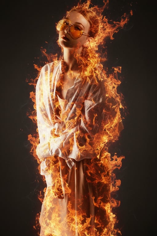 A blend of a roaring fire and a person's silhouette, where the flames form the shape of the body, representing passion or energy, with warm, vibrant colors.