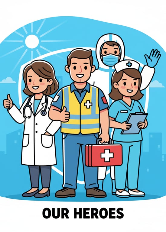 A healthcare worker clipart, including a paramedic with a kit, depicted as approachable and heroic characters.