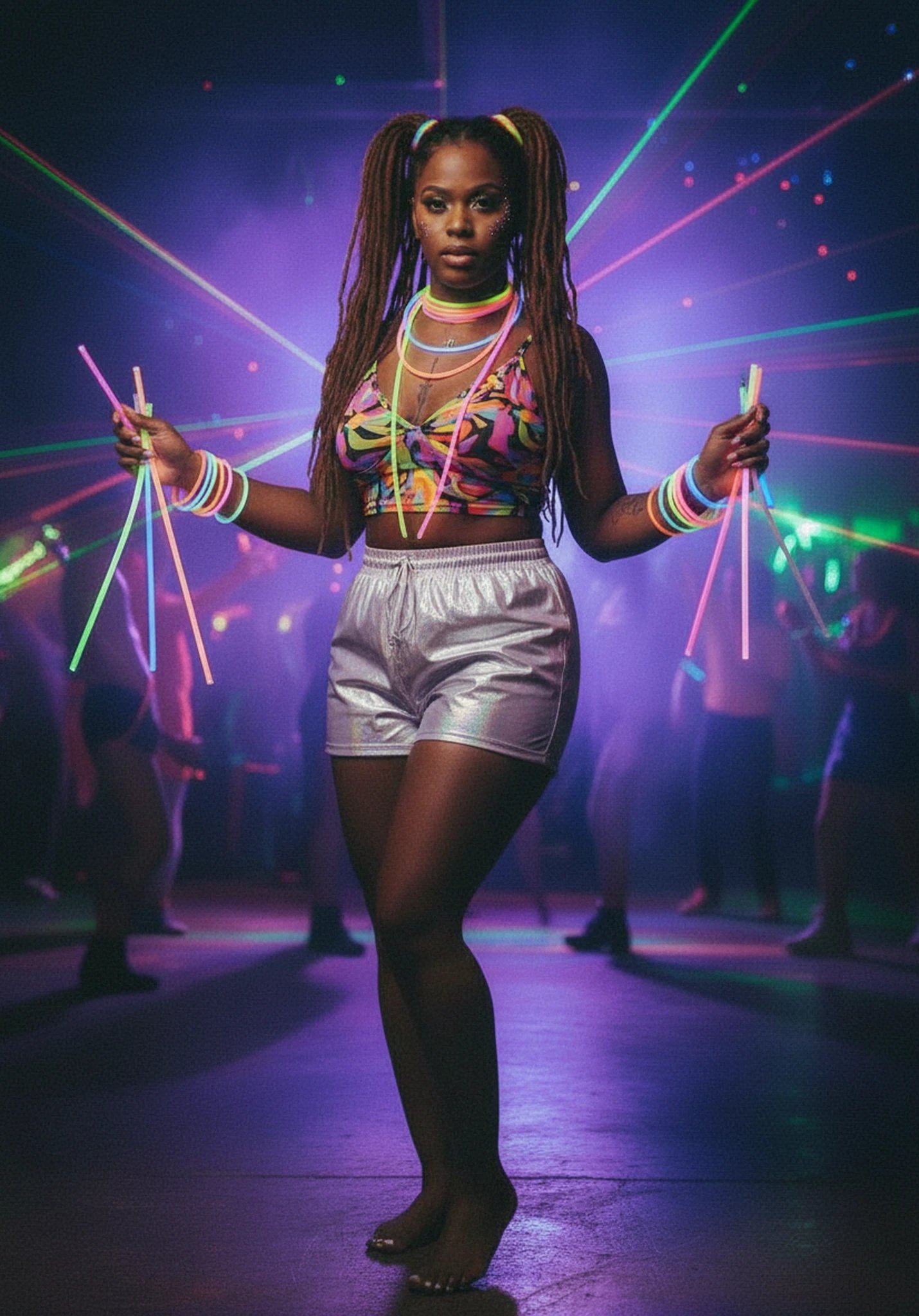 90s theme party clothes filter after transformation - portrait in bright 90s rave party clothes with glowing accents