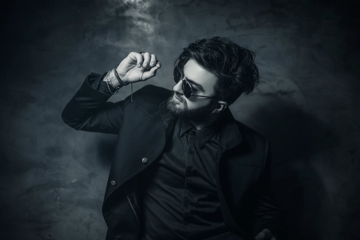 A dramatic editorial headshot of a man, intense contrast between light and dark, refined pore-level detail, cool-toned color grade, textured backdrop, magazine cover quality.
