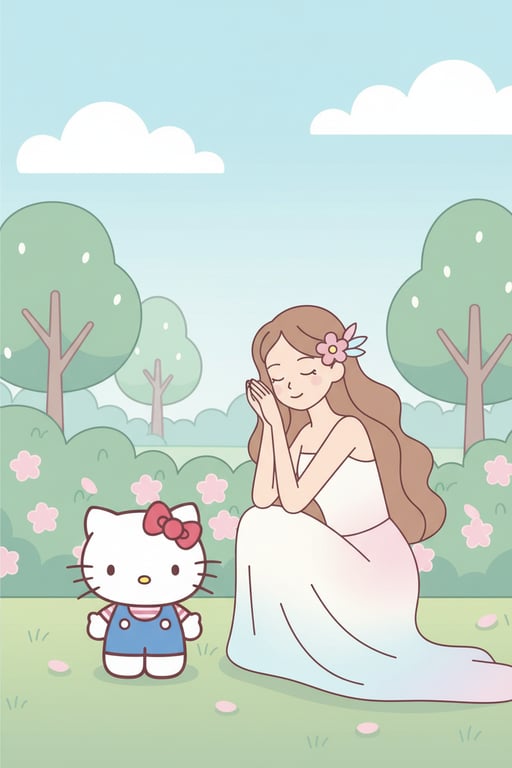 Reimagine the original person as a human character appearing alongside Hello Kitty in a 2D animated TV scene. Preserve pose and gesture, simplify the character into flat pastel animation style, and place both characters in a gentle story setting such as a kitchen, classroom, or park that matches Sanrio animation proportions.