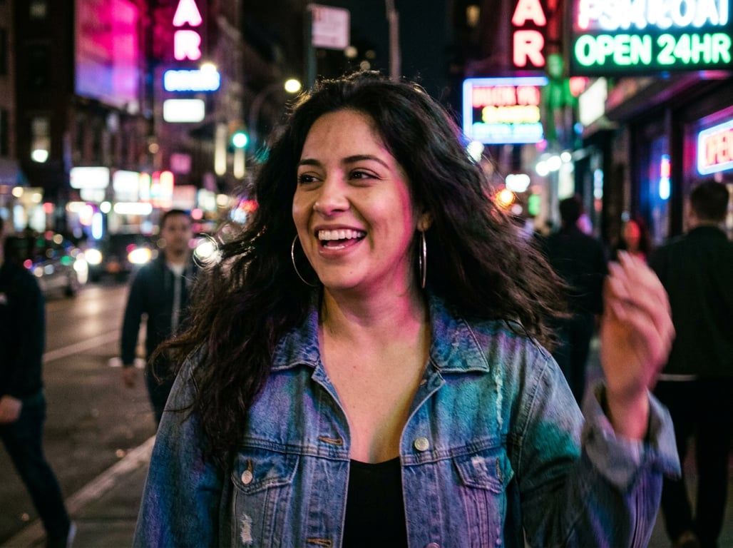 Rebuild this candid neon stree...