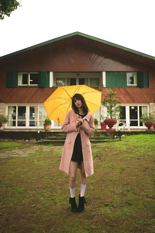 AI wedding dress before pic-woman holding a yellow umbrella