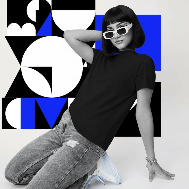 a portrait of a woman with mod makeup and haircut, high-contrast black and white with a pop of color, geometric background, dramatic eye makeup.