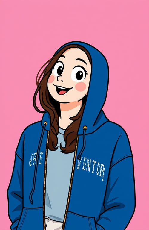 a portrait of a person illustrated as a playful cartoon character with exaggerated eyes or mouth, rounded facial shapes, smooth linework, bright flat colors, and a lighthearted animated personality