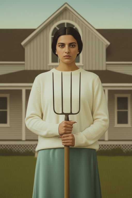 a portrait of a person transformed into an American Gothic art style featuring rigid upright posture, symmetrical frontal composition, serious restrained facial expression, simplified realistic facial structure, muted earthy color palette, flat controlled lighting, sharp edges, and a quiet tense American rural realism atmosphere