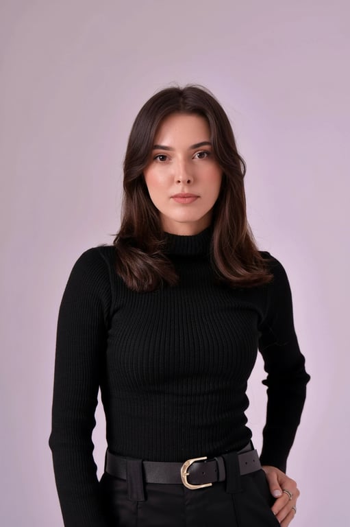 a portrait of a person edited to narrow the face by pulling both sides inward along the cheeks and jaw, concentrating the chin area without elongating it, producing a visibly slimmer and more structured face shape