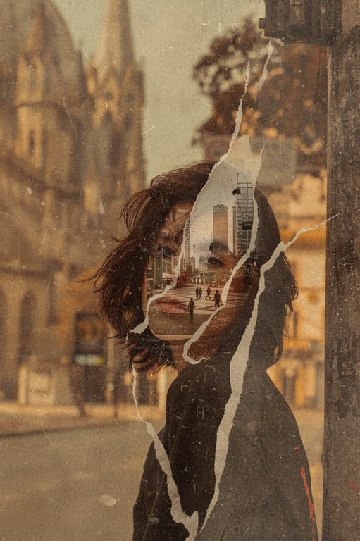 A portrait where the subject's face is partially blended with a peeling vintage poster or paint, revealing another image underneath, for a urban decay aesthetic.