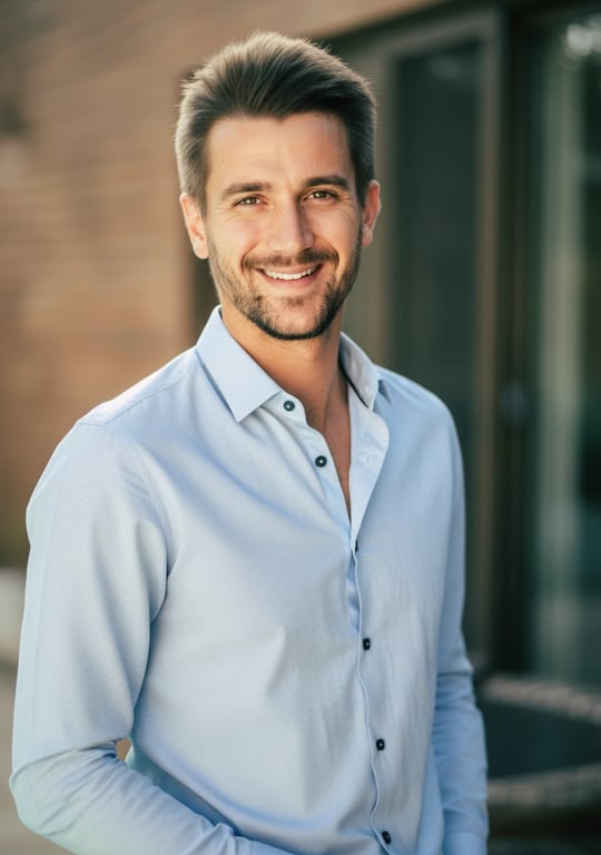 A professional AI-generated resume photo of a man, mid-shot, wearing a collared shirt, warm smile, natural skin tone, soft blurred background, approachable yet competent.