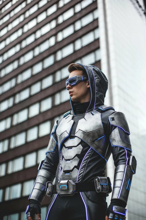 a portrait of a person in a futuristic sci-fi cosplay outfit, featuring metallic fabrics, LED light elements, and cyberpunk styling