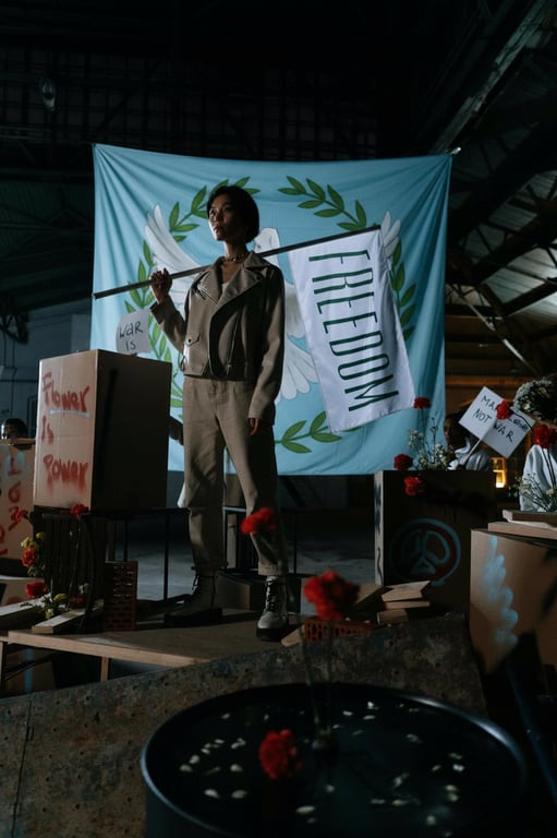 A peace flag: a white dove in flight centered on a light blue field, with olive branches forming a circular border, embodying serenity and hope.