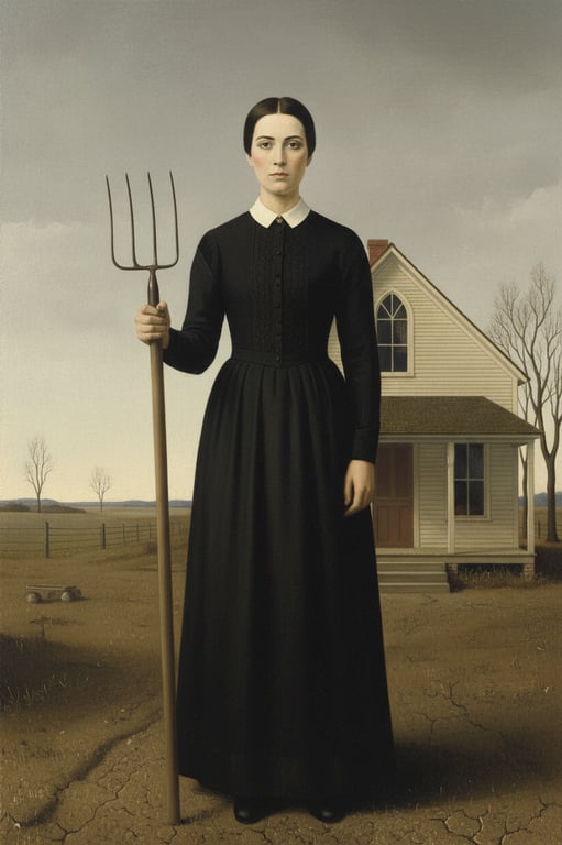 a portrait of a person adapted into a classic American Gothic art look with simplified realism, disciplined composition, subdued colors, and quiet visual tension