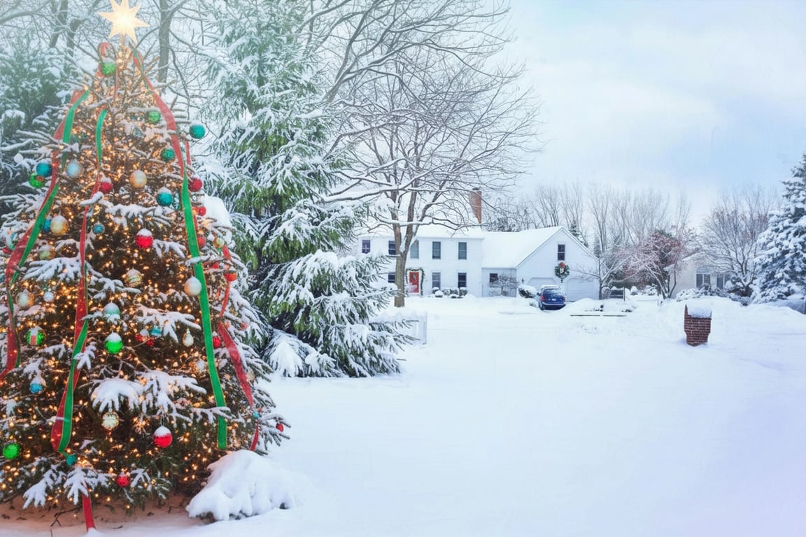 Christmas photo editor after photo - pine trees in snow with Christmas decoration