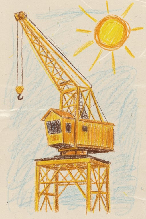 a simple drawing of a house and sun, crayon art style, thick uneven lines, scribbled coloring outside lines, paper texture background.