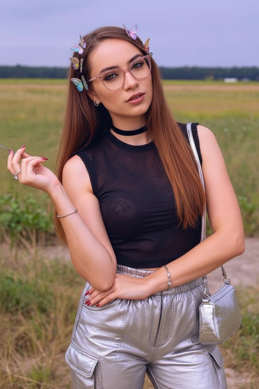 Portrait edited with Y2K accessories including butterfly hair clips, a choker, and a baguette bag.