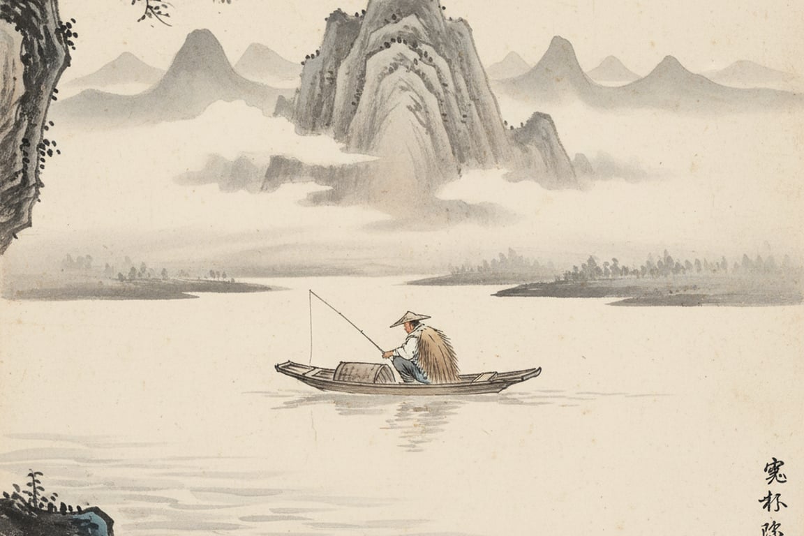 A poetic scene of a lone fisherman in a boat on a vast river, executed in the minimalist, atmospheric style of Song Dynasty ink paintings.