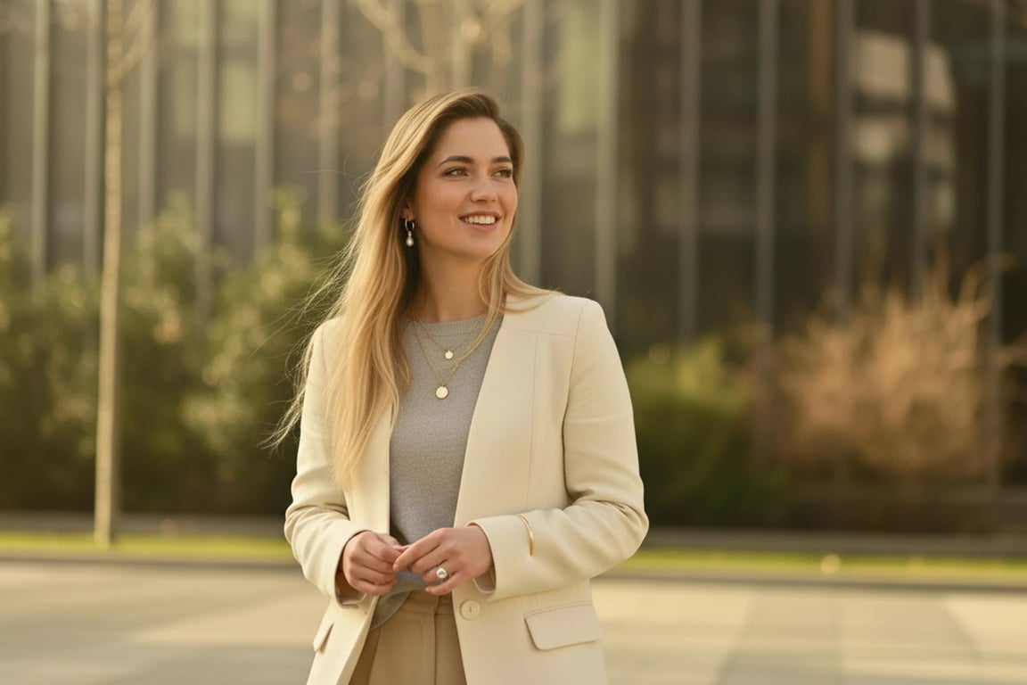 a portrait of a person styled with relaxed aesthetic outfit elements, harmonious tones, casual stance, soft lighting, and clean background