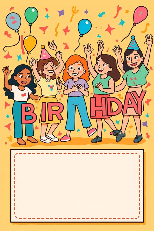 A birthday card design where the word "BIRTHDAY" is spelled out by a party of tiny, celebrating cartoon characters, each character forming part of a letter.