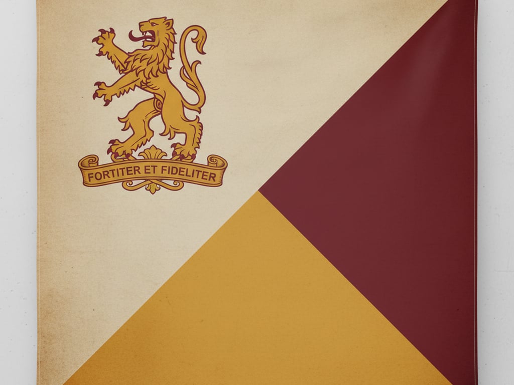 A rectangular flag divided per bend (diagonally), featuring a family animal crest (like a lion) on one half and symbolic colors (maroon and gold) on the other, with a motto scroll.